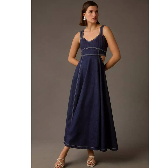 New Anthropologie Aureta Studio Corset Denim Cutout Dress $198  Medium 8/10 Blue - Picture 1 of 5